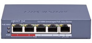 HIKVISION DS-3E0105P-E/M(C): 5 портов суич с 4 x 10/100 Mbps PoE порта + 1 x 10/100 Mbps RJ45 uplink порт. До 30 W на порт. Общ PoE бюджет 45 W